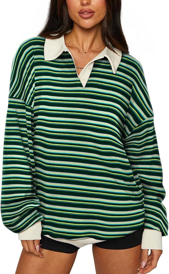 REORIA Oversized Sweatshirt Striped Rugby Shirt Tops | Amazon (US)