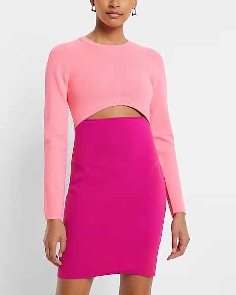 Body Contour Long Sleeve Color Block Cutout Mini Sweater Dress | Express