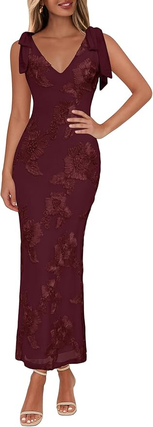 Lazysmile Womens Floral Embroidered Maxi Dress Sleeveless V Neck Tie Strap Ribbon Flower Mesh Par... | Amazon (US)