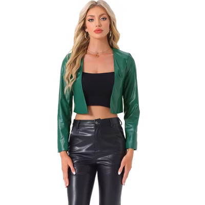 INSPIRE CHIC Women's Faux Leather PU Long Sleeve Open Front Cropped Jacket Green Small | Target