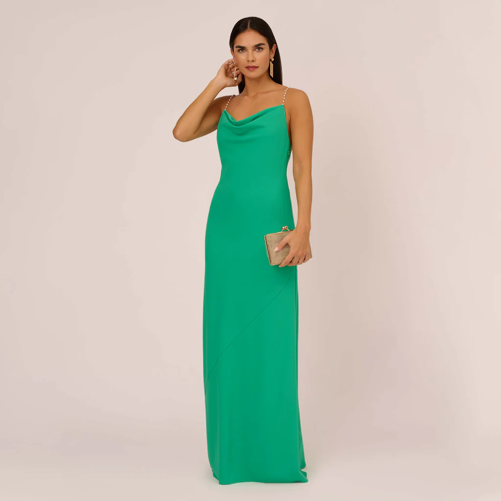 Cowl Neck Crepe Column Gown With Pearl Straps In Summer Green | Adrianna Papell