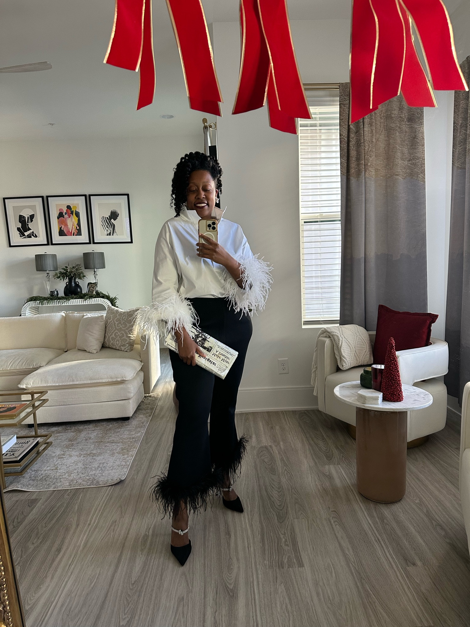 Holiday style 
Feather top
Feather pants
Black pump

#LTKHoliday #LTKCyberWeek