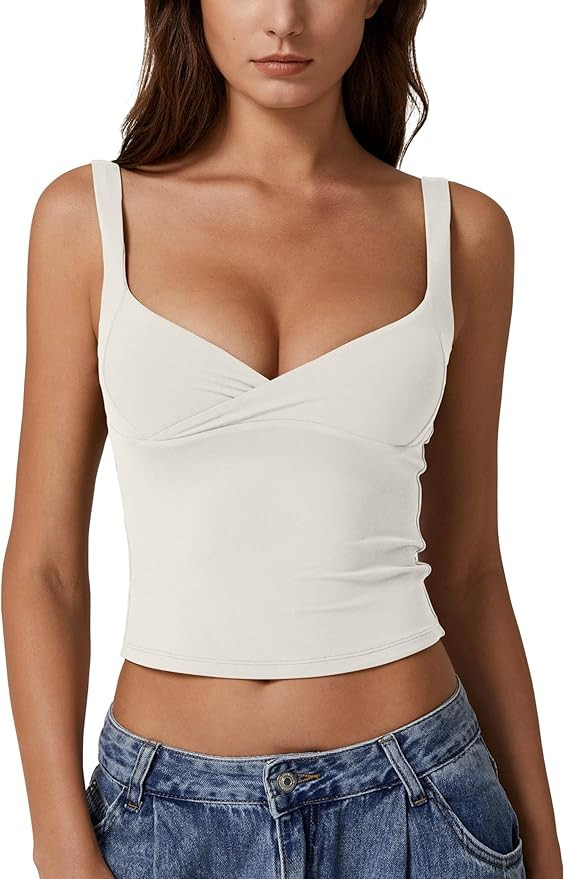 QINSEN Women's V Neck Tank Tops Double Lined Adjustable Strap Camisole Shirt | Amazon (US)