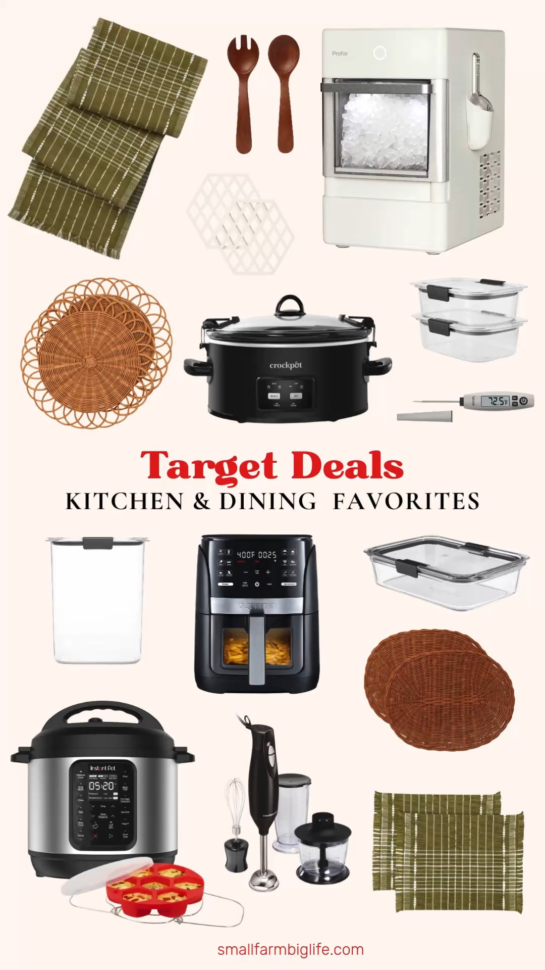 Target Circle Deal Days is live and the kitchen and dining deals are so good right now. I rounded up my favorite picks including the Gourmia 6 quart air fryer with a window so you can watch your food cook without opening the basket, the GE Profile Opal Nugget Ice Maker which is such a fun addition to any kitchen, and the Hamilton Beach 3 in 1 hand blender which is perfect for soups, sauces, and dressings. The woven rattan chargers, olive placemats, and table runner are beautiful for summer table styling and the wood serving utensils are a classic finishing touch. The Rubbermaid Brilliance containers and digital meat thermometer are two practical kitchen staples worth grabbing while they are on sale. Tap to shop before the sale ends! 

 #LTKfoodie #LTKHome #LTKSaleAlert