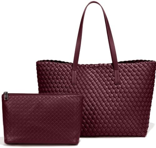 Large Capacity Shoulder Handbag Woven Leather Tote Bag with Matching Pouch Travel Lightweight | Amazon (US)