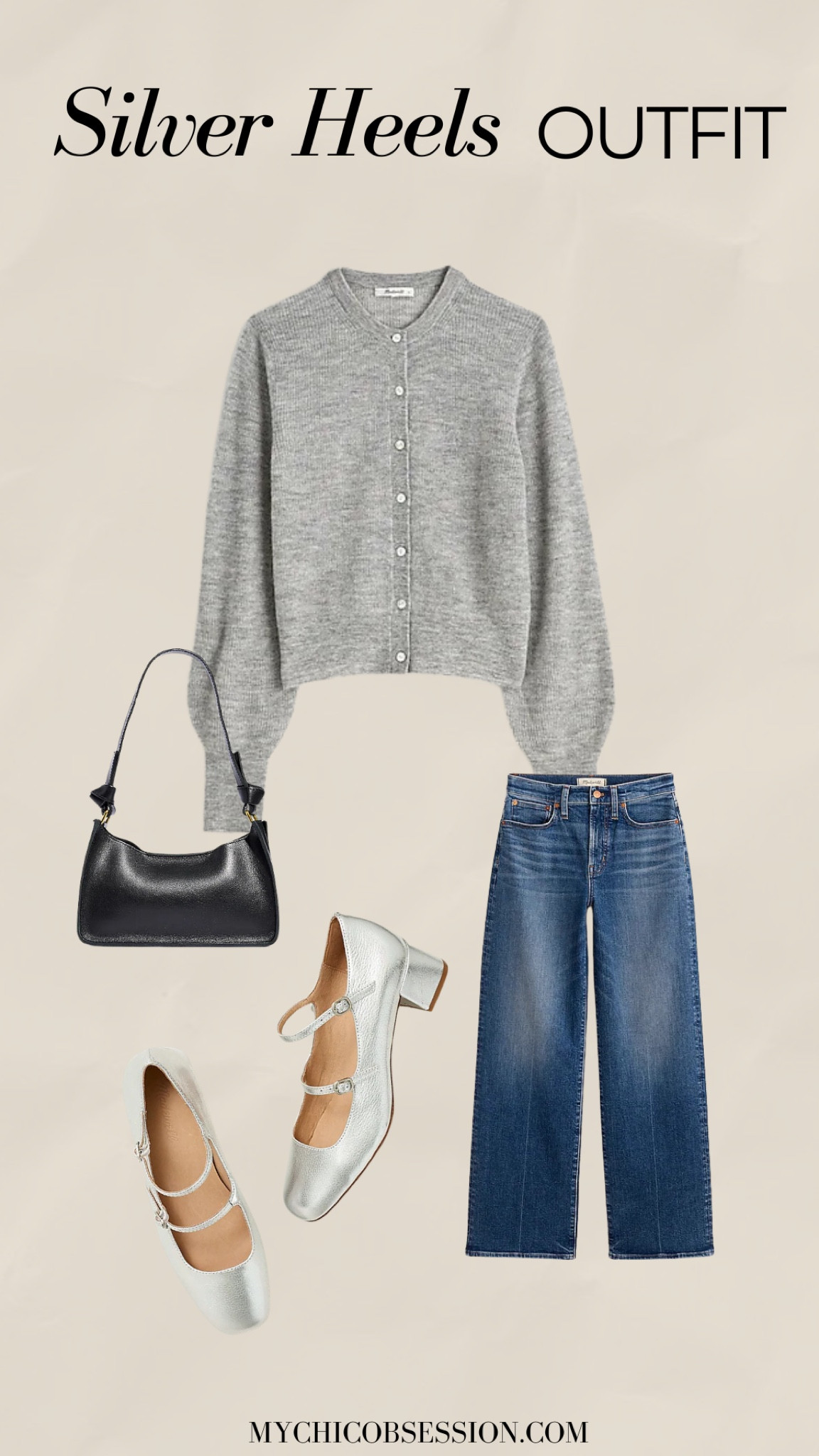 Looking for your next silver heels outfit? This outfit is chic and trendy and can be made from items in your capsule wardrobe! Try pairing your favorite cardigan, Madewell jeans, and black shoulder bag with your silver heels and get ready to take on the day! 

#LTKShoeCrush #LTKSeasonal #LTKxMadewell