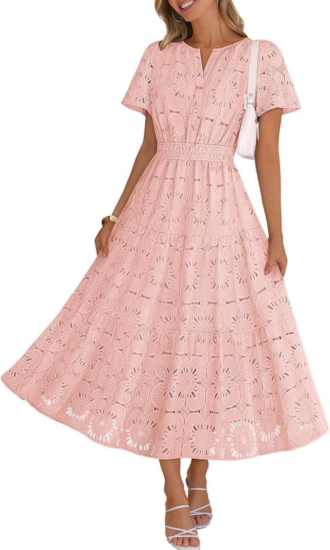 MEROKEETY Women's Summer Floral Maxi Dress 2026 Spring Boho Vacation Eyelet Lace Short Sleeve A L... | Amazon (US)