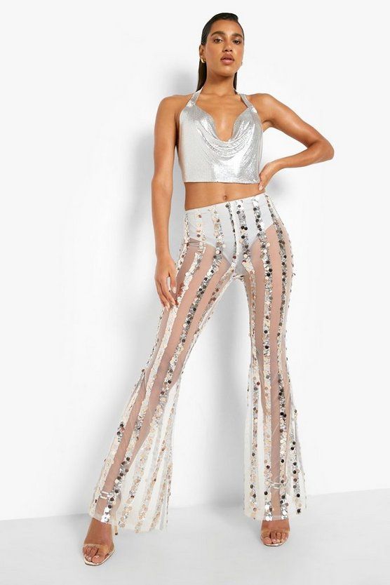 Stripe Sequin Mesh Flares | Boohoo.com (US & CA)