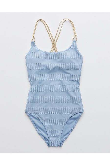 Aerie Jacquard Scoop One Piece Swimsuit Women's Monaco Blue XXL | American Eagle Outfitters (US & CA)
