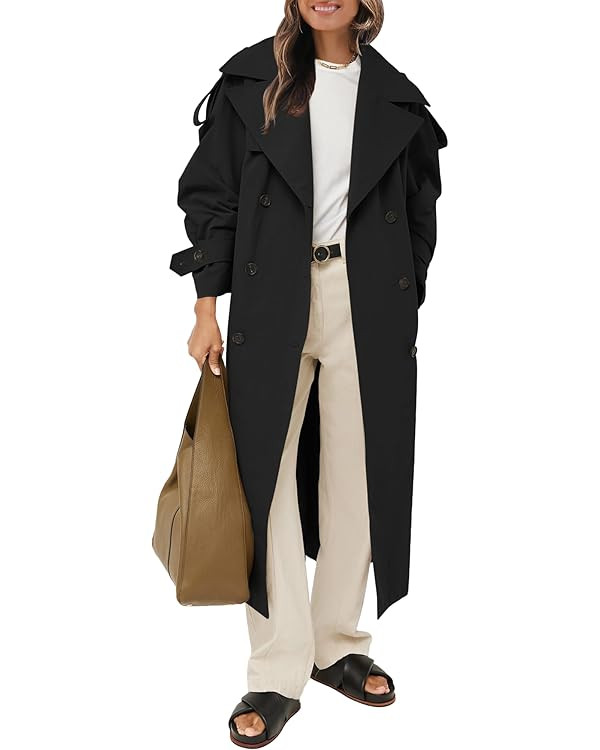 Farktop Womens Oversized Long Trench Coat Double Breasted Lapel Windproof Overcoat with Belt | Amazon (US)