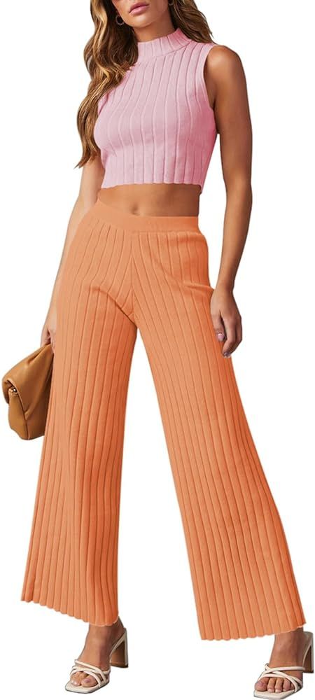 Pink Queen Women's Two Piece Outfits Sweater Sets Knit Crop Tops and Long Wide Pants Tracksuit Lo... | Amazon (US)