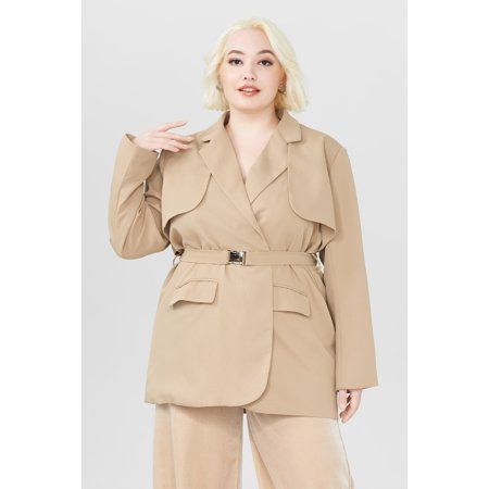 Plushe Plus Size Notched Lapel Belted Short Trench Coat for Women | Walmart (US)