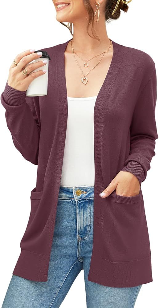 Womens 2024 Basic Knit Cardigan Sweaters Long Sleeve Open Front Cardigans Coat Casual with Pocket... | Amazon (US)