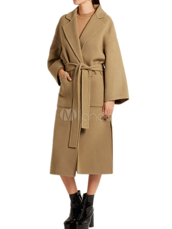 Women Wool Coat Long Sleeve Notch Collar Light Tan Split Wrap Coat Winter Polo Coats | Milanoo