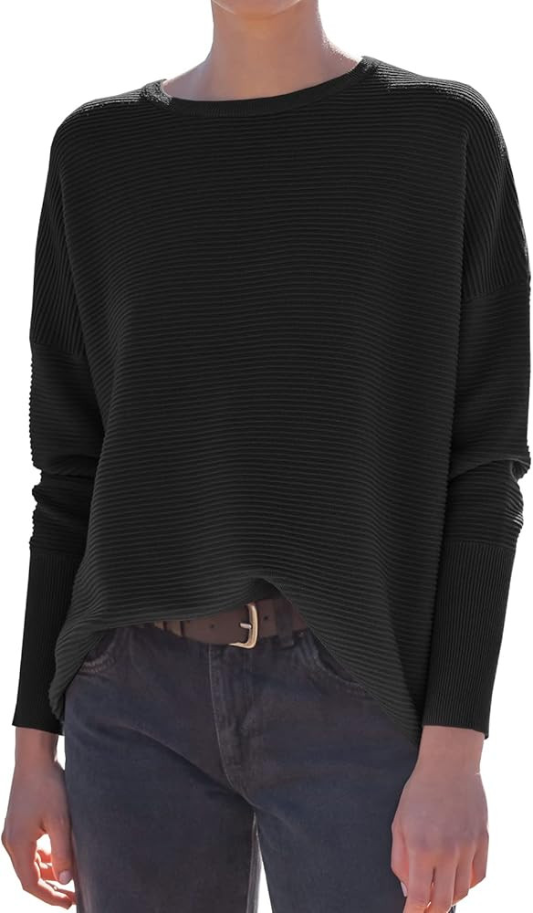 ANRABESS Women Crewneck Long Batwing Sleeve Casual Loose Fit Ribbed Knit Fall 2024 Cozy Pullover ... | Amazon (US)