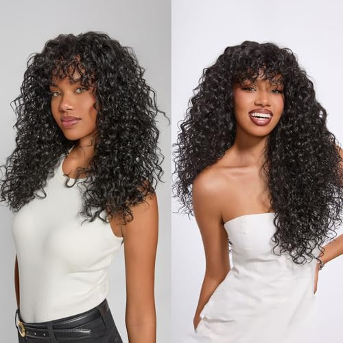 Frodio 20 Inches Veralux™ Fiber Blend Human Hair Shaggy Waves with Bangs Wig 200% Density Glueless Wigs Natural Black Ready to Go Headband Wig for Women Realistic Look with True Scalp | Amazon (US)