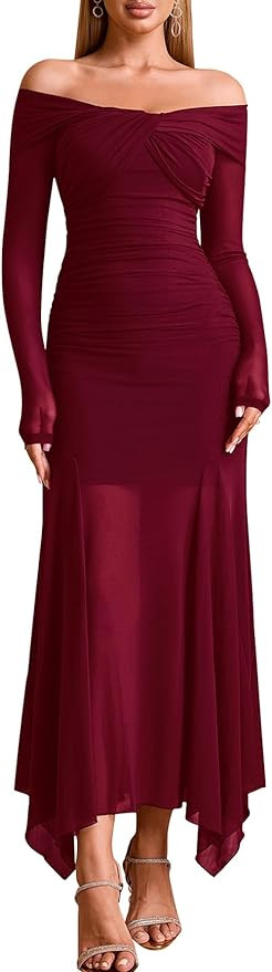EYNMIN Women's Off The Shoulder Maxi Dress Long Sleeve Ruched Bodycon Asymmetrical Mesh Formal Fa... | Amazon (US)