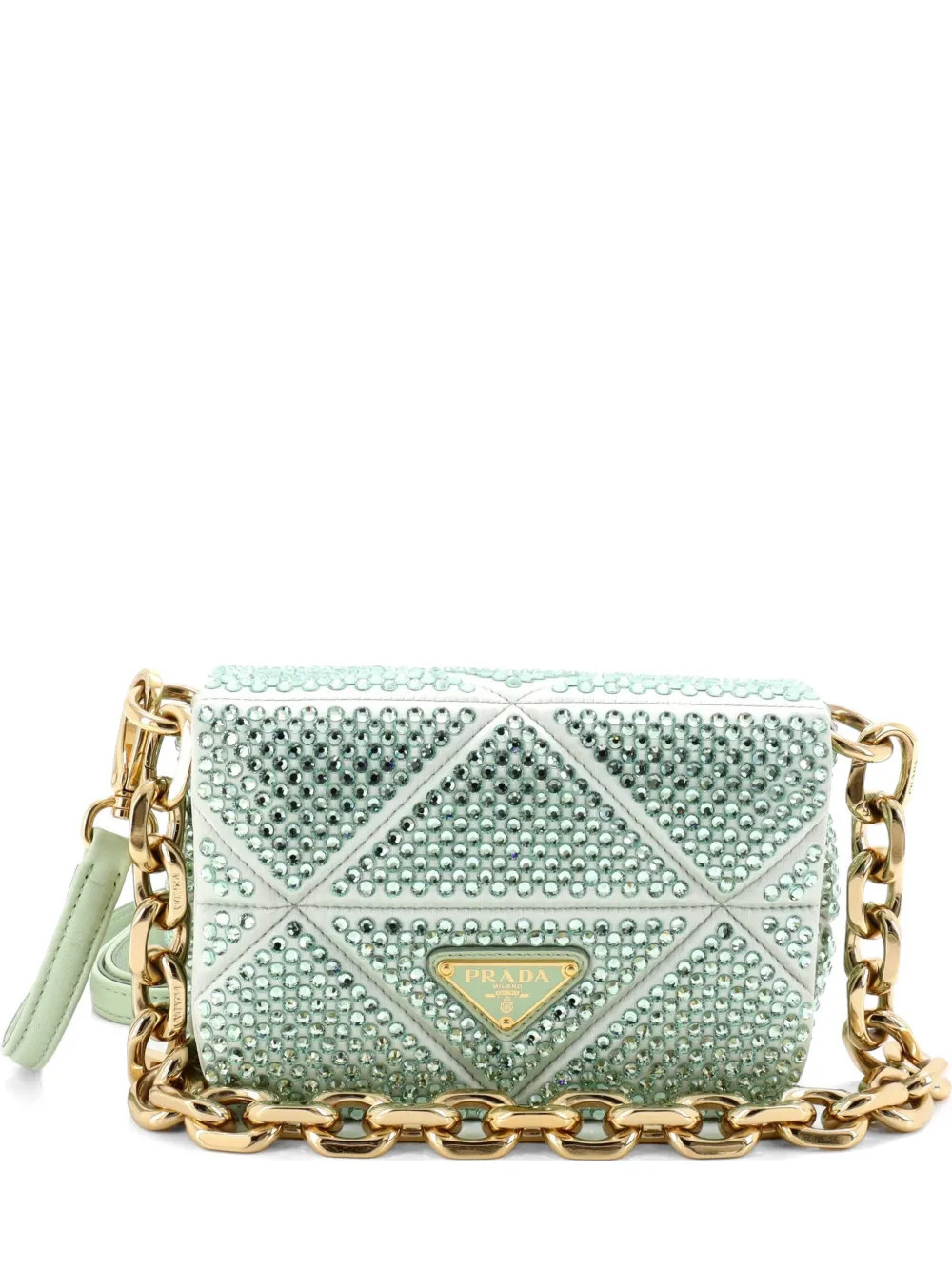 Prada Pre-Owned Triangle Chain Flap Bag Crystal Embellished Quilted Satin shoulder bag - Green | Farfetch Global