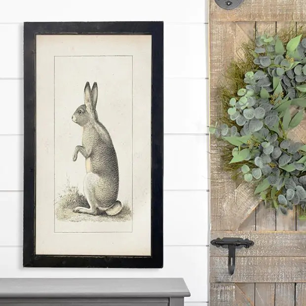 Rustic Framed Vintage Tall Bunny Wall Art | Antique Farm House