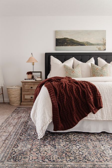 Cozy bedroom decor, winter bedroom styling, loloi morgan rug, charcoal upholstered headboard, light wood nightstandd

#LTKHoliday #LTKfindsunder100 #LTKhome
