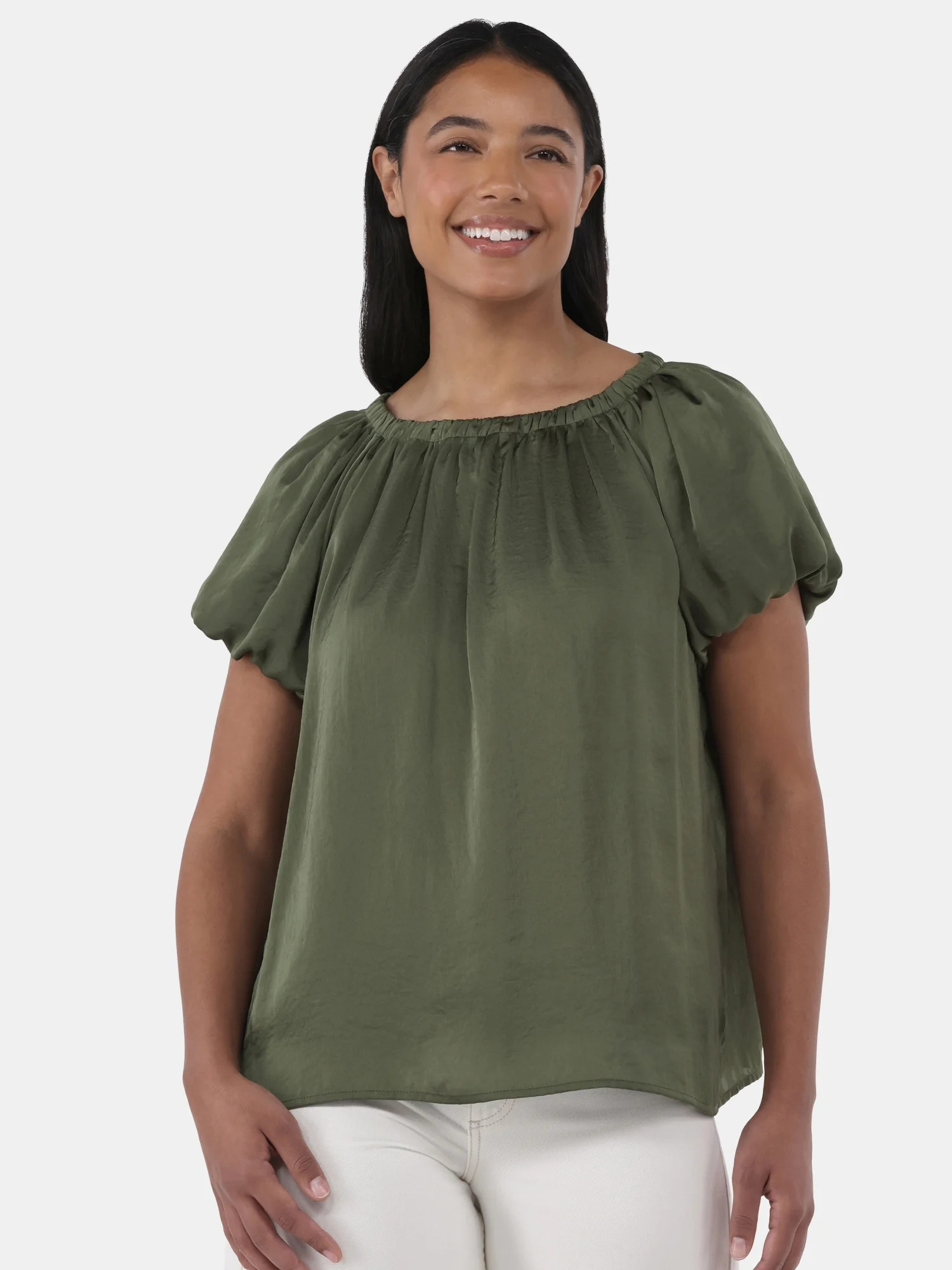 Time and Tru Women's Shirred Satin Top with Short Sleeves, Sizes XS-XXXL | Walmart (US)