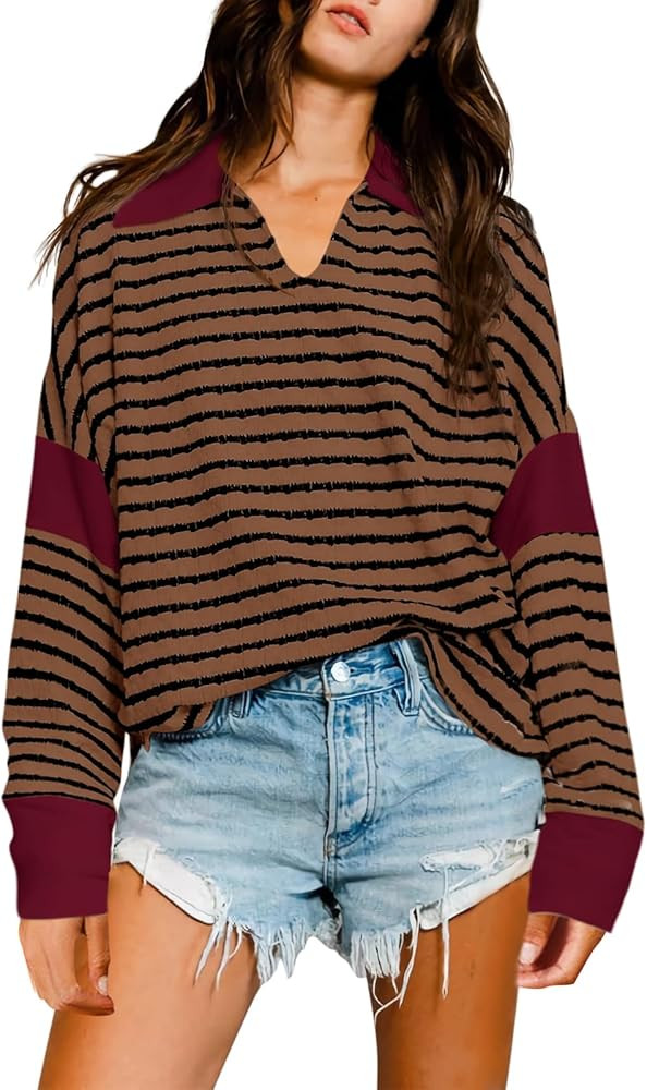 Tankaneo Womens Oversized Sweatshirt 2024 Fall Long Sleeve Color Block V Neck Tops Striped Sweate... | Amazon (US)