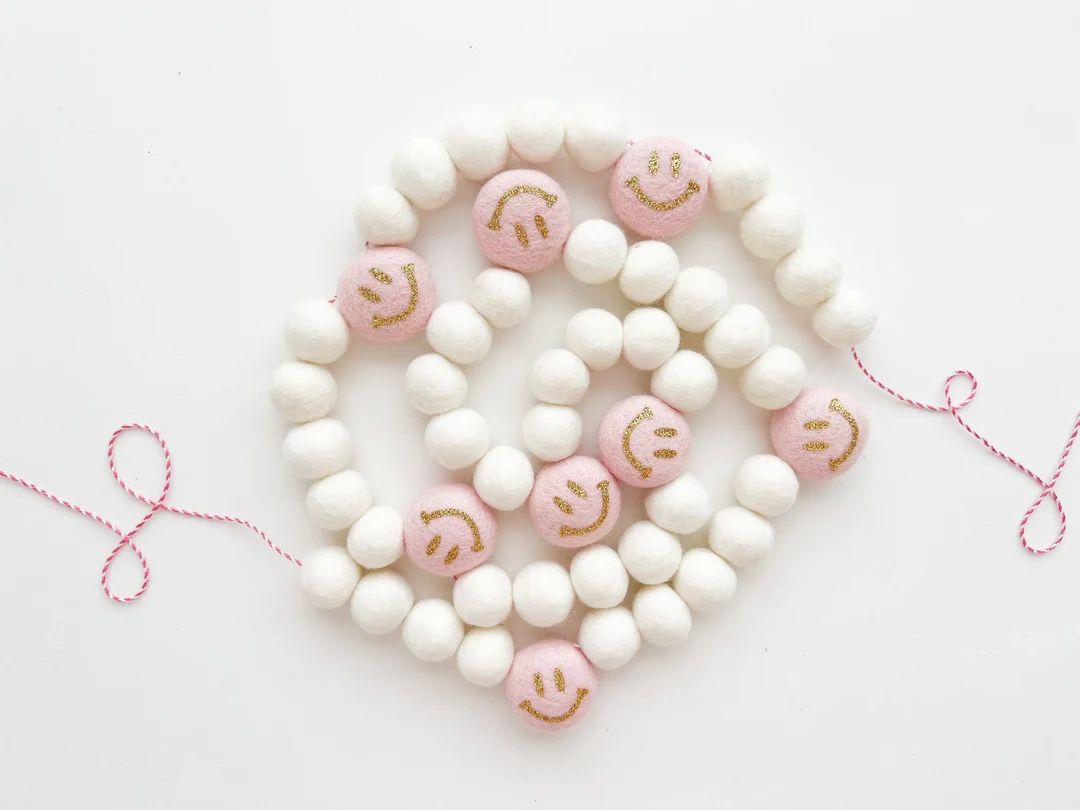 Pale Pink Smiley Face Felt Ball Garland, Bunting, Banner - READY TO SHIP! | Etsy (US)