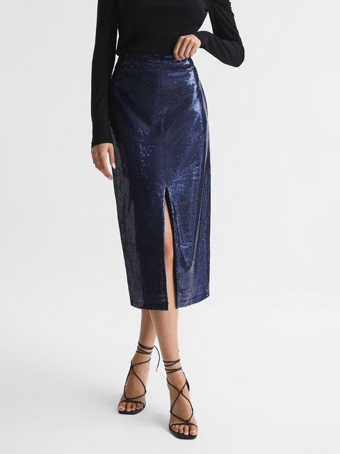 Reiss Blue Dakota Sequin Pencil Skirt | Reiss UK
