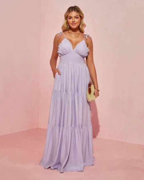 Whisked Away Smocked Halter Pocketed Tiered Maxi Dress - Lavender | VICI Collection