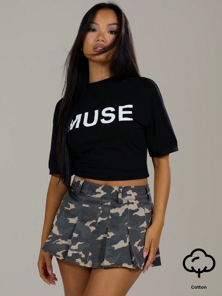 MUSERA MUSE Letter Graphic Drop Shoulder Oversize Crop Tee Graphic Tees Casual Club Rave Sexy Labyrinth Airport Holiday Festival Back To School Fall Autumn | SHEIN