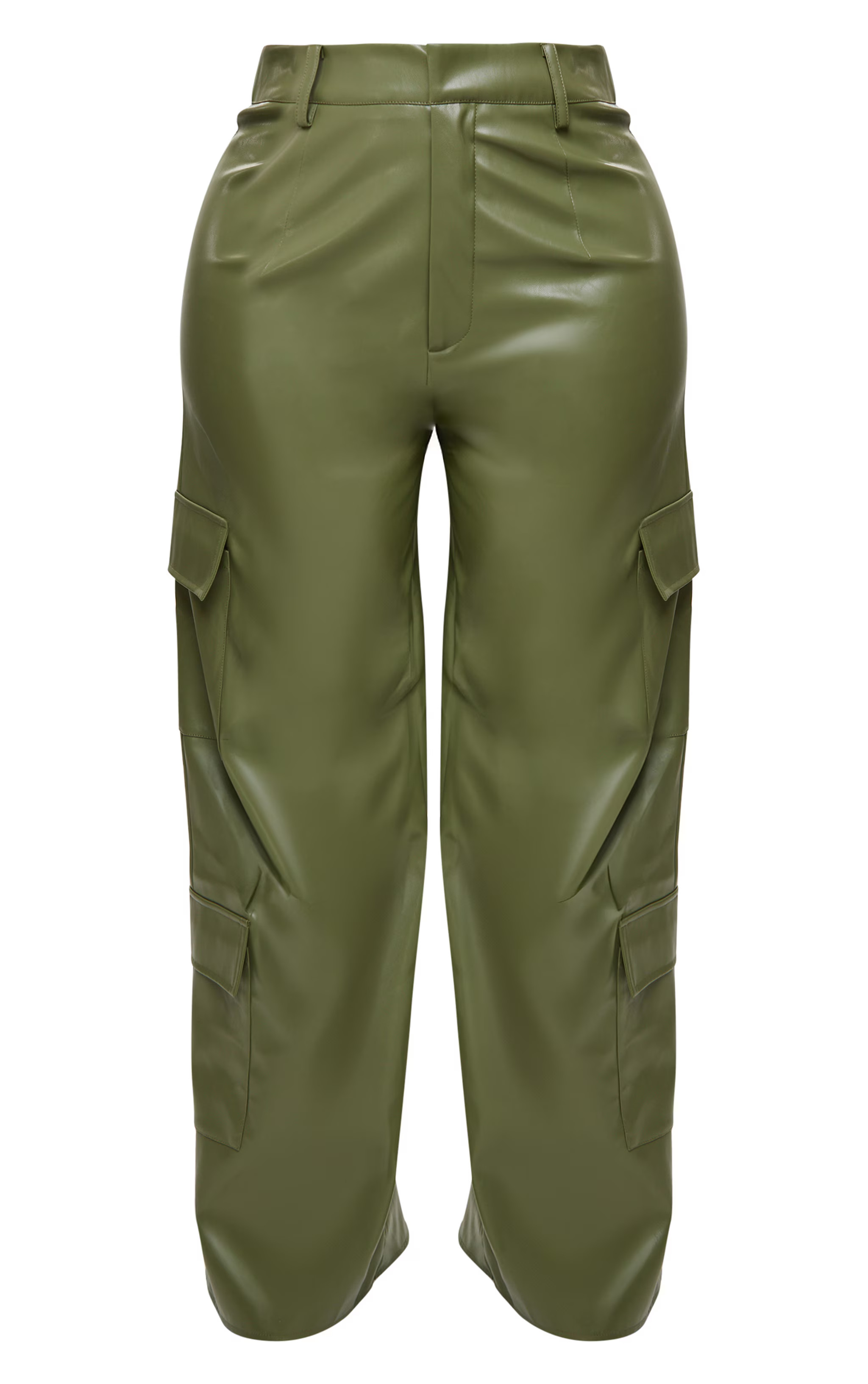 Shape Olive Faux Leather Straight Leg Cargo Pants | PrettyLittleThing US