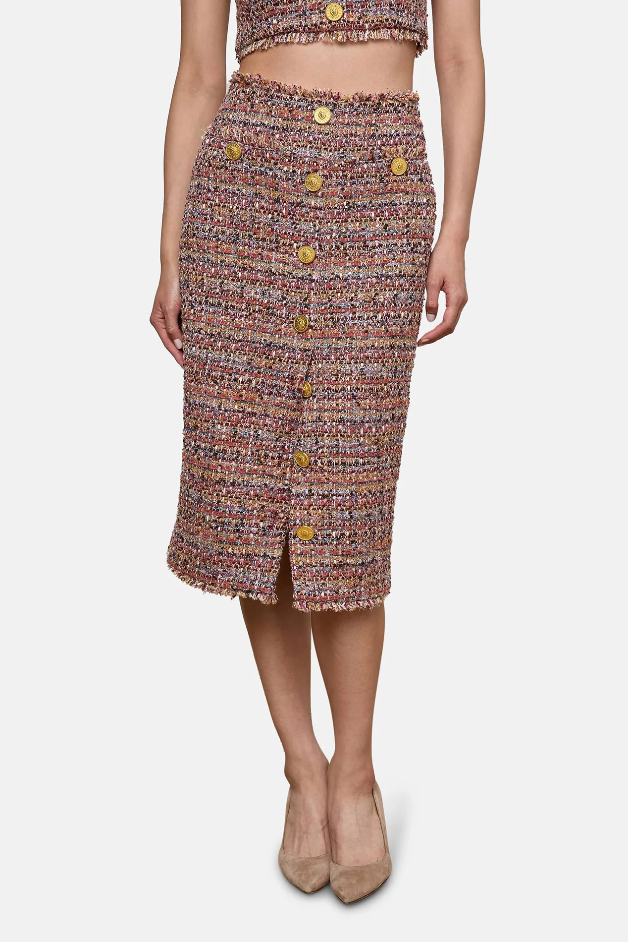 Tai Tweed Midi Skirt Mauve/Tan Multi Tweed | Blue & Cream