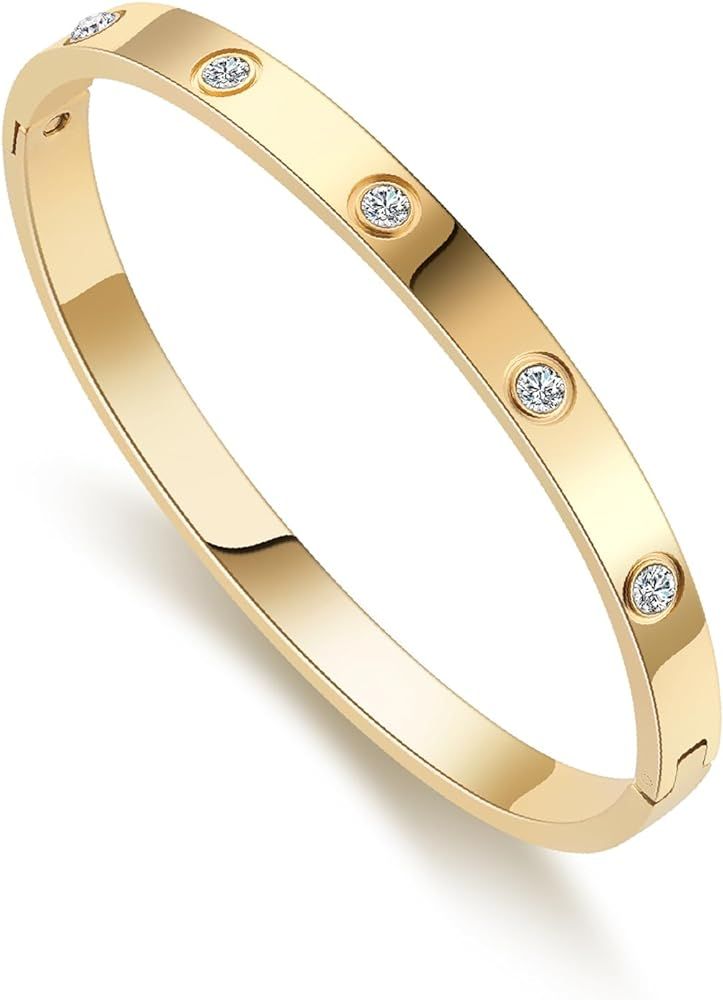 Gold Bracelets for Women 14K Gold Plated Friendship Love Bangle Bracelets Cubic Zirconia Stainles... | Amazon (US)