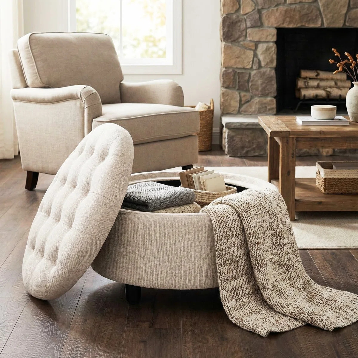 25" Round Upholstered Storage Ottoman with Tufted Cushion, Hidden Storage | Wayfair North America