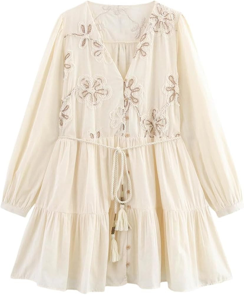 Women Floral Embroidery Mini Dress Front Buttons with Belt Long Sleeve V Neck Casual Dresses | Amazon (US)