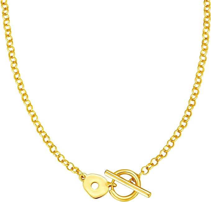 Golden Cable link Necklace：14K Gold Plated Short Toggle Chain Necklace Simple Thin Light Dainty... | Amazon (US)