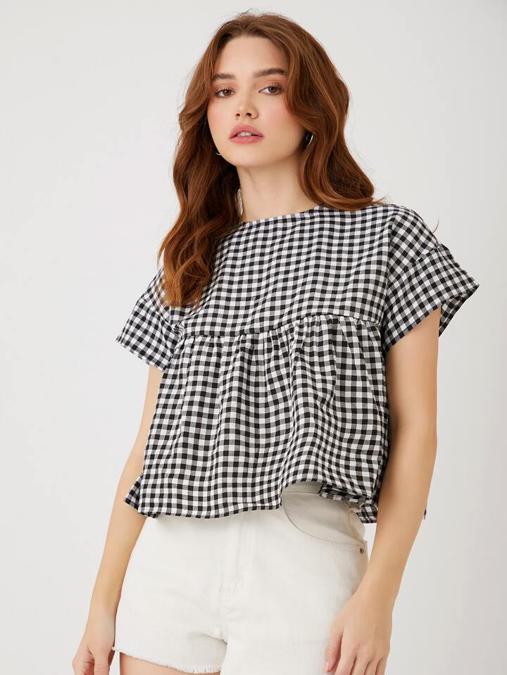 SHEIN EZwear Gingham Ruffle Hem Top | SHEIN USA | SHEIN
