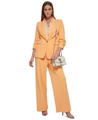 Petite Ruched-Sleeve One-Button Jacket & Pull-On Wide-Leg Pants | Macys (US)
