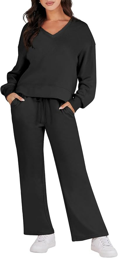 Caracilia Women's Two Piece Outfits Matching Sets Long Sleeve Pullover Tops and Wide Leg Pants Tr... | Amazon (US)