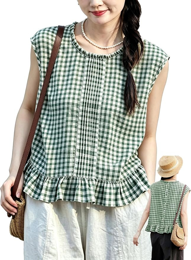 Women Cotton Plaid Sleeveless Shirt Lace Collar Ruffled Hem Back Button Details for a Casual Summ... | Amazon (US)