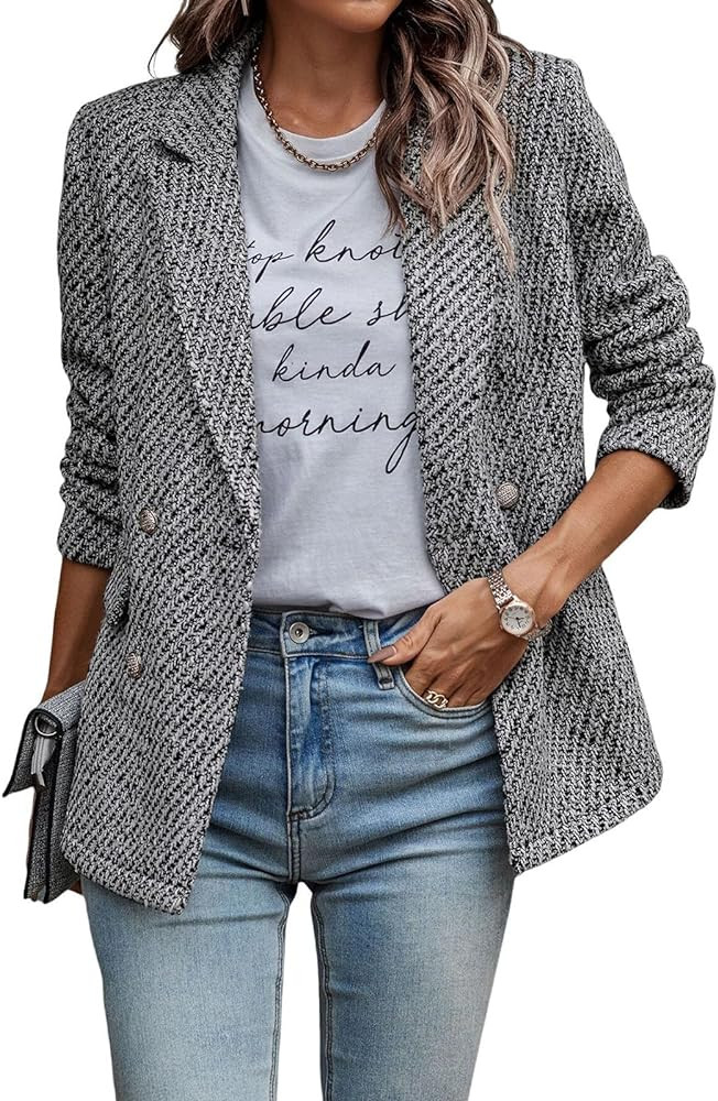 Tweed Jacket Women Long Sleeve Open Front Double Breasted Casual Work Office Blazer Jackets with ... | Amazon (US)