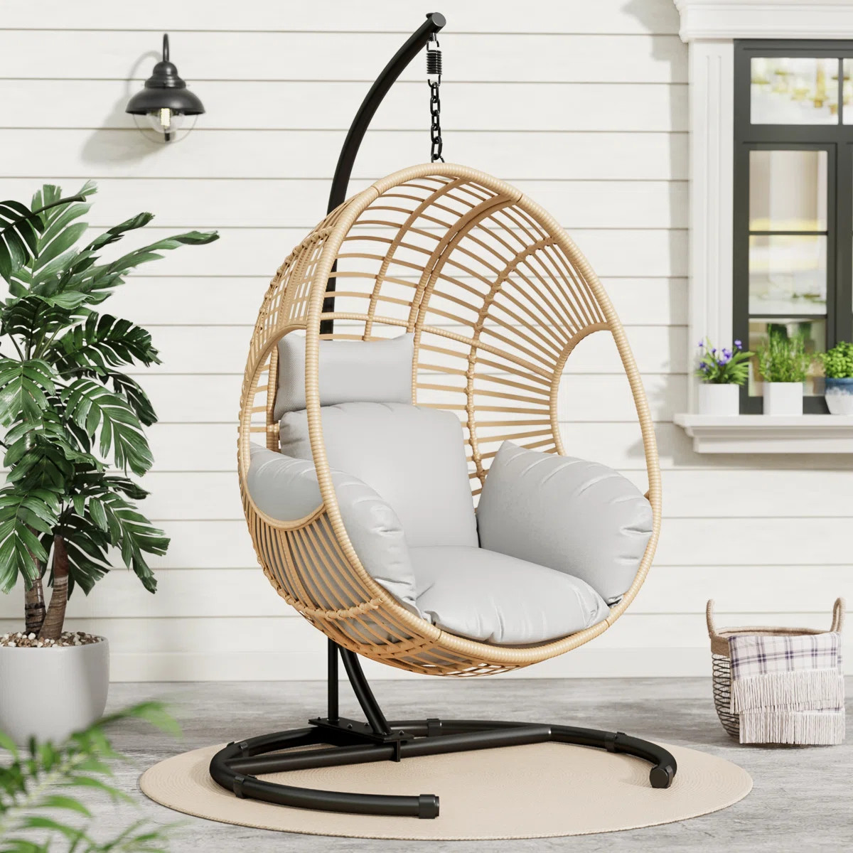 Outdoor Hanging Egg Chair PE Rattan Wicker Patio Swing Chair With Stand Cushion Rain Cover | Wayfair North America