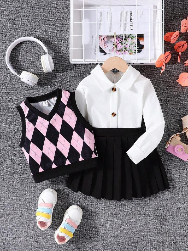 SHEIN Young Girl Simple Style Long Sleeve Shirt, Argyle Pattern Tank Top And Pleated Skirt Preppy... | SHEIN