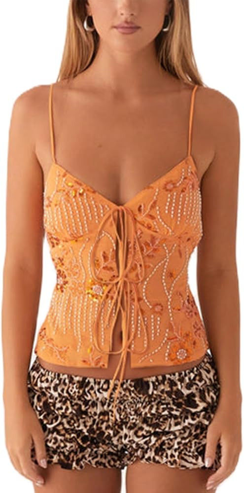 Women Sequin Cami Tops Y2K Tie Front Lace Up Crop Sparkle Top Sexy Backless Low Cut Plunge V Neck... | Amazon (US)