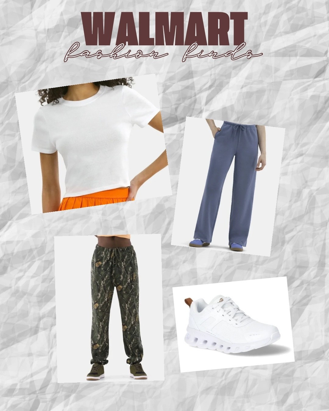 Walmart fashion is on the radar and for good reason. 

Cropped tees that cover just enough, comfy pants that are all the rage and cloud shoe look alike that are so comfy!

#walmartfashion #walmartapparel #cloudshoes #walmartfinds

#LTKStyleTip #LTKSaleAlert #LTKFindsUnder50