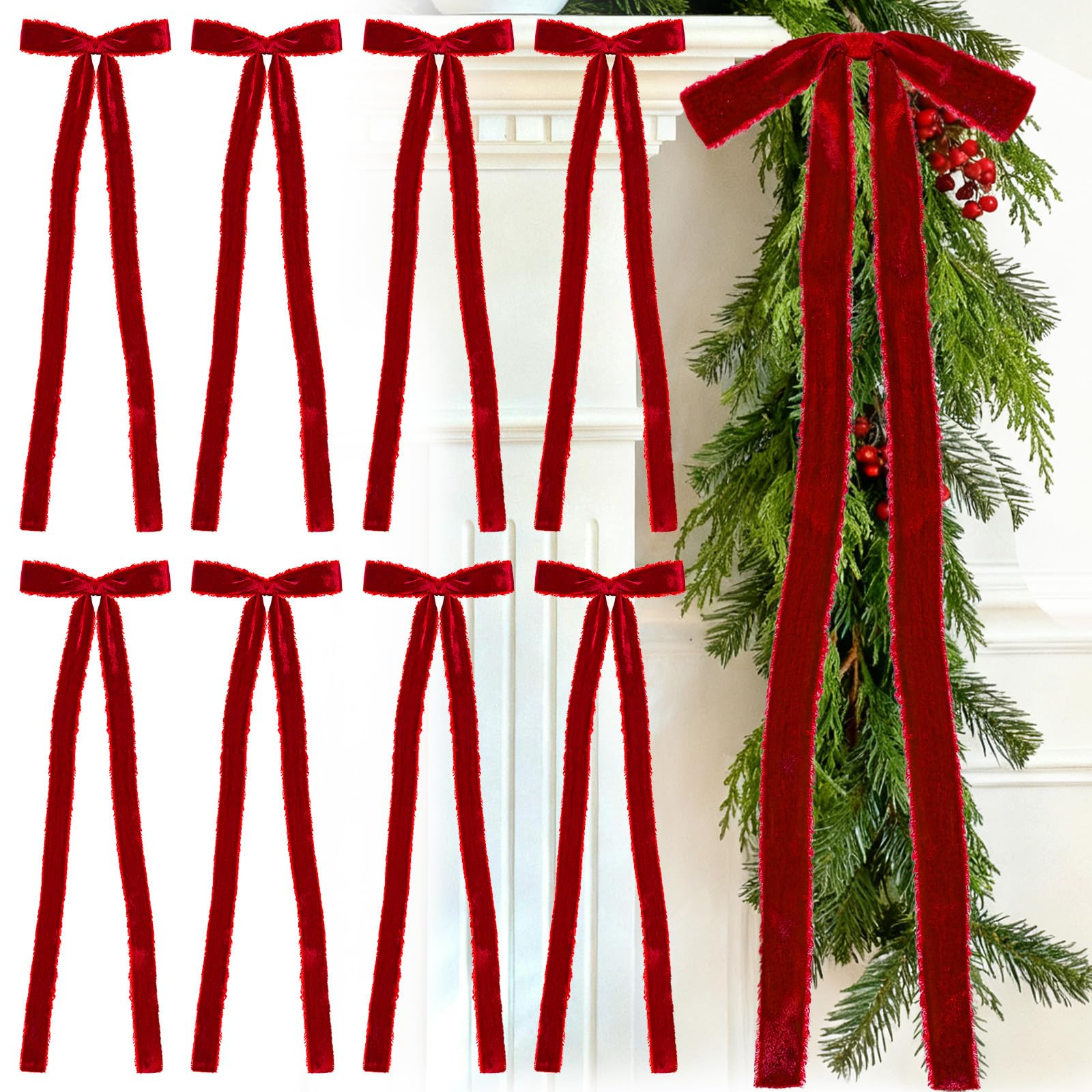 8 Pcs Red Velvet Christmas Bows 8" x 23.6" Pre Tied Handmade Fringe Velvet Ribbon Bows Rustic Cra... | Amazon (US)