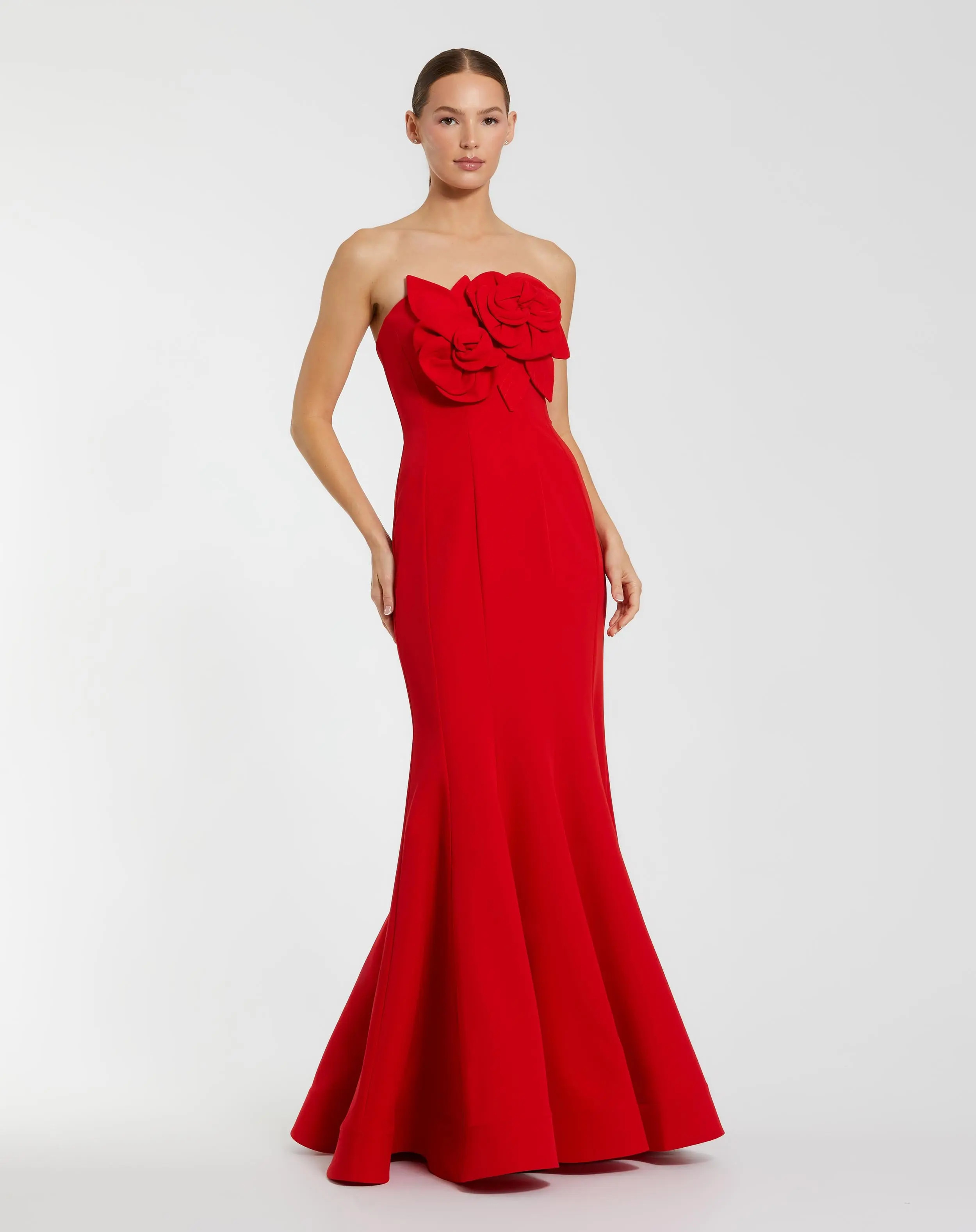 Red Crepe Strapless Mermaid Gown With 3D Flowers | Mac Duggal | Mac Duggal