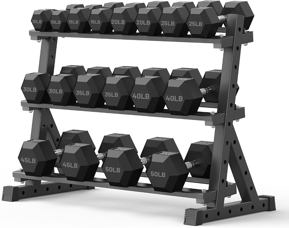 PAPABABE Hex Dumbbell Set with Rack, Rubber Encased Free Weight with Weight Storage Racks, Multip... | Amazon (US)