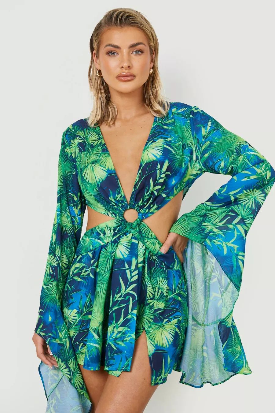 Premium Tropical O Ring Sleeve Mini Dress | Boohoo.com (UK & IE)