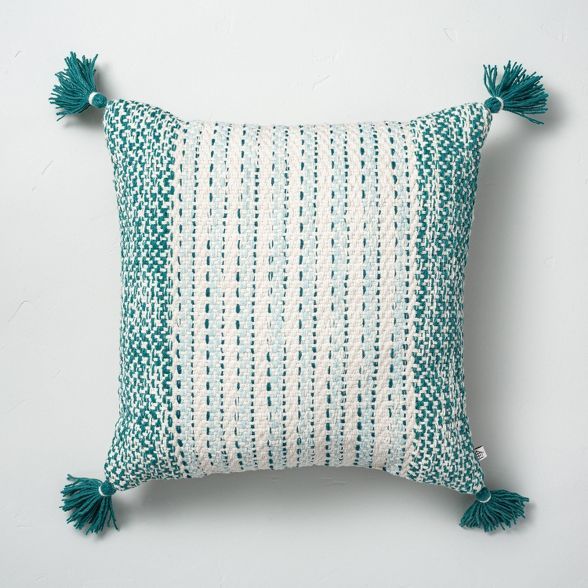 18" x 18" Textured Woven Stripes Indoor/Outdoor Throw Pillow Teal - Hearth & Hand™ with Magnoli... | Target